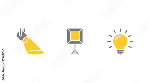 Set of three lighting icons: spotlight, softbox, and lightbulb on white background.