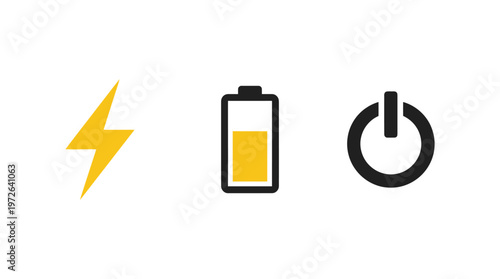 Battery Charging, Power Button, and Lightning Bolt Icons on White Background