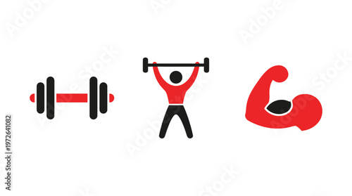 Fitness icons: dumbbell, weightlifter, flexing bicep. Healthy lifestyle concept.