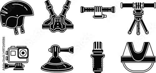 Camera day essentials black and white icon set of action cameras mounts and accessories for filmmaking