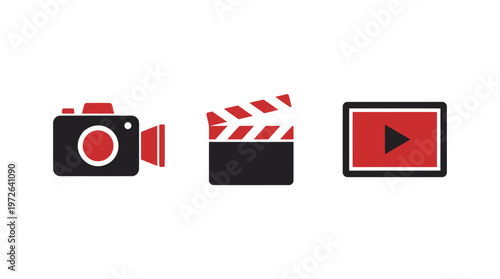 Video production icons: camera, clapperboard, and play button on white background