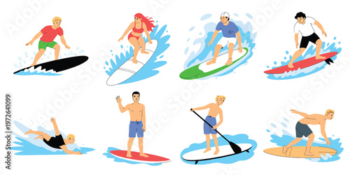 Sticker Surfing people illustration collection, men and women surfing ocean waves, energetic beach sport scenes with boards, vibrant summer vector set for recreation, travel, and adventure graphics