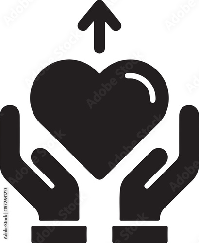 Charity donation icon with hands holding heart and arrow. Philanthropy and social support vector. Nonprofit organization symbol for giving.