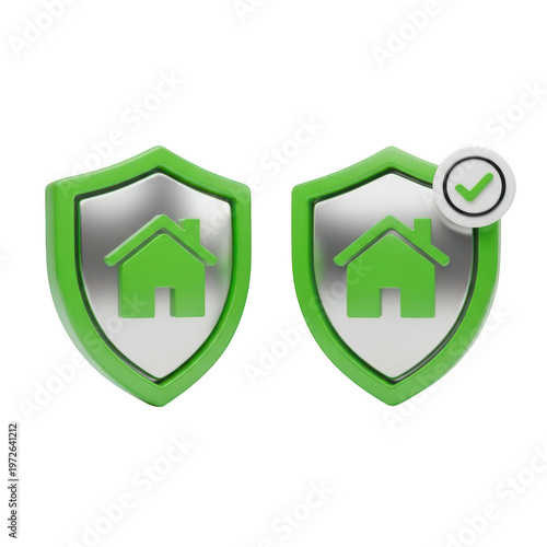 Two green shields with house icons, one with a checkmark
