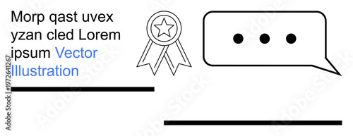 Achievement, communication, teamwork, feedback, recognition, collaboration. Award ribbon and speech bubble graphic. Achievement and communication concept interaction and success