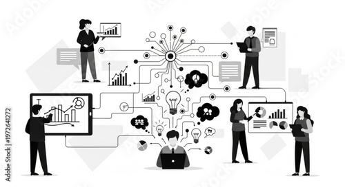 Business team collaboration network with remote professionals and data.