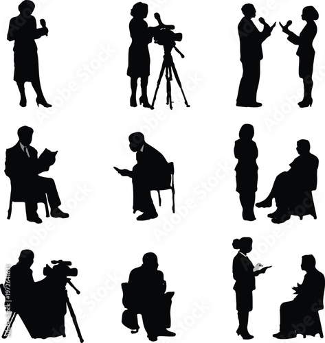 Silhouettes illustrating diverse media professionals engaged in news reporting, interviewing, and broadcasting activities for various communication and journalistic purposes.