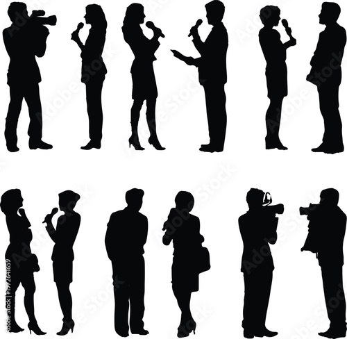Professional news reporters and cameramen silhouettes standing while holding microphones and filming events during a busy workday in a set isolated against a white background