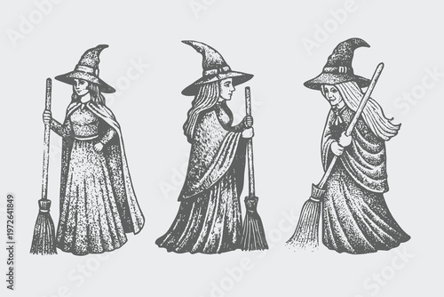 Realistic vintage Halloween Witch set illustration. Abstract Rustic Spirit Sketch Witch. Holiday Engraving Style Drawing.