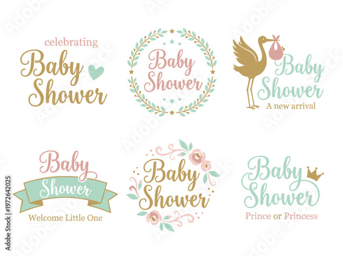 Baby Shower logo collection, soft script lettering in pastel mint and blush pink palette