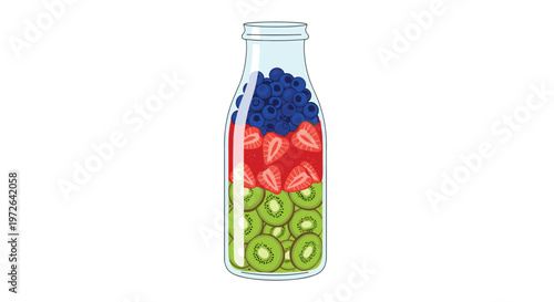A tall glass bottle showcases beautiful layers of sliced green kiwi, vibrant red strawberries, and deep blue blueberries stacked neatly against a white wall.