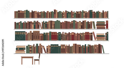 Extensive white bookshelves filled with a vast collection of antique books in various shades of brown and green stand above a small wooden study desk.