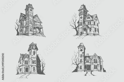 Vintage haunted house Halloween vector illustration. haunted house collage elements with vintage stippling photocopy effect. Abstract Rustic Spirit Sketch