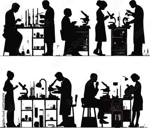 Silhouettes of professional scientists and researchers working with laboratory equipment including microscopes and glass beakers to conduct experiments in a modern medical or chemical facility