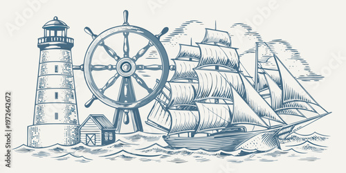Nautical illustration featuring a lighthouse ship s wheel and sailing vessel