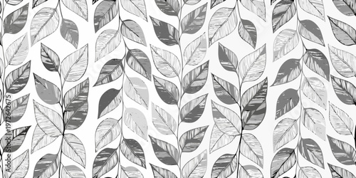 Abstract botanical pattern of sketched leaves in grayscale tones