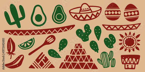 A colorful collection of mexican themed illustrations and traditional elements