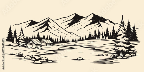 Rustic cabins nestled in a mountainous landscape with evergreen trees