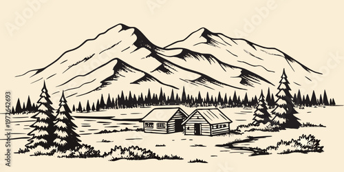 A rustic cabin scene nestled amidst mountains and evergreen forests