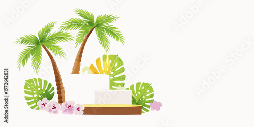 Tropical display with palm trees monstera leaves and a white pedestal