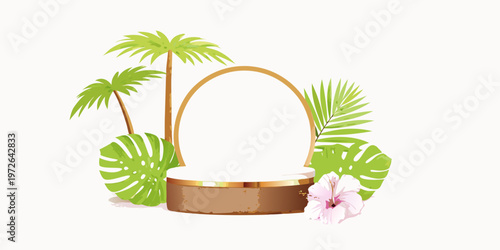 Tropical floral arrangement with a golden arch and pedestal display