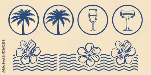Tropical illustration featuring palm trees cocktails hibiscus and ocean waves