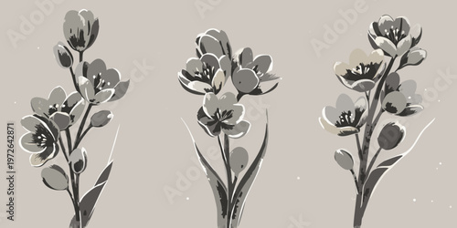 Stylized floral illustration depicting three blossoming flower stems