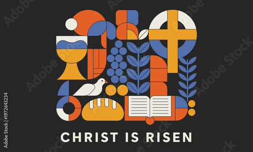 Easter resurrection celebration with religious symbols and Christ is Risen banner in flat design style