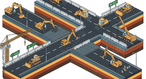 Construction Excavators And Roadwork At Intersection.