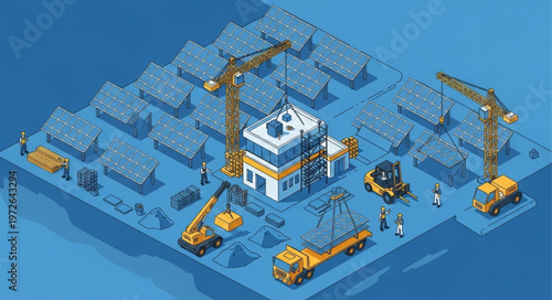 Construction site building cranes heavy equipment and workers.