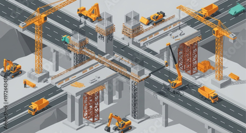 Construction site highway interchange with cranes and machinery.