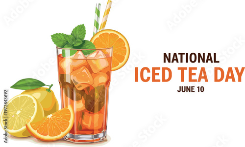 National iced tea day concept with glass of iced tea citrus fruits mint leaves and ice cubes for refreshing summer beverage design