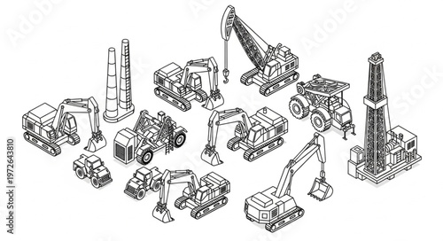 Collection of miniature industrial construction vehicle illustrations.