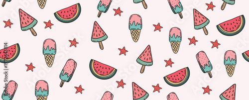 Summer doodle pattern with ice cream and watermelon 