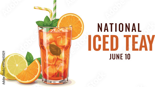 National iced tea day illustration with refreshing cold drink glass lemon orange mint and ice cubes for summer beverage design