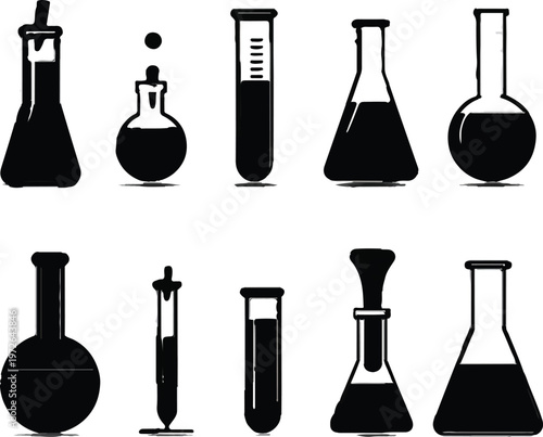Multiple laboratory glass vessels and scientific containers featuring different shapes and sizes for chemical testing and liquid experimentation in a clean and minimal black icon set