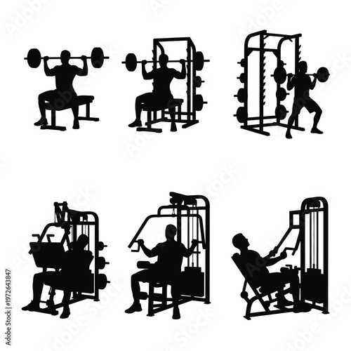 Gym equipment silhouettes set featuring athletes training with weights and power racks.
