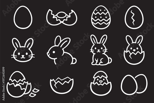 Vector Silhouette Set of Easter Symbols Bunny Rabbit Egg and Basket with Eggs. Easter Line Icon Set – Easter Egg, Cute Bunny Rabbit, Cracked Egg, Hatching Egg Thin Outline Vector Icons for Spring Holi