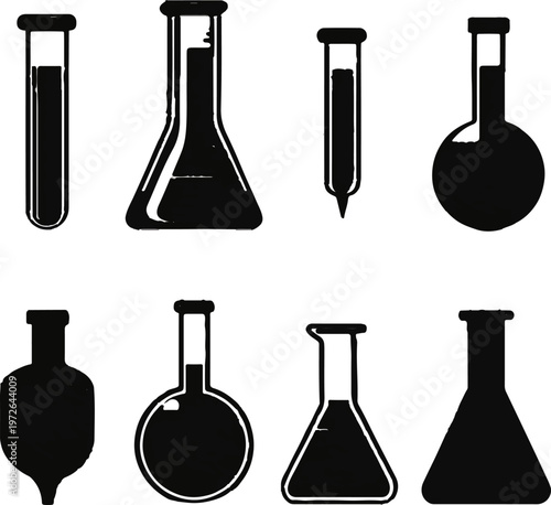 A collection of various scientific glassware vessels including beakers and test tubes designed for laboratory research experiments presented as clean black and white vector icons