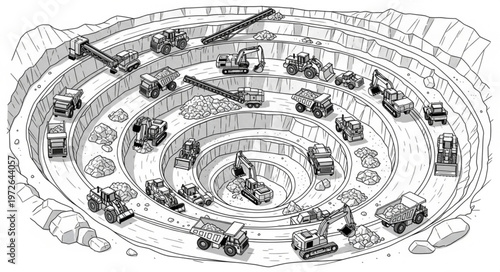 Concentric Circular City Diagram With Vehicles And Structures.