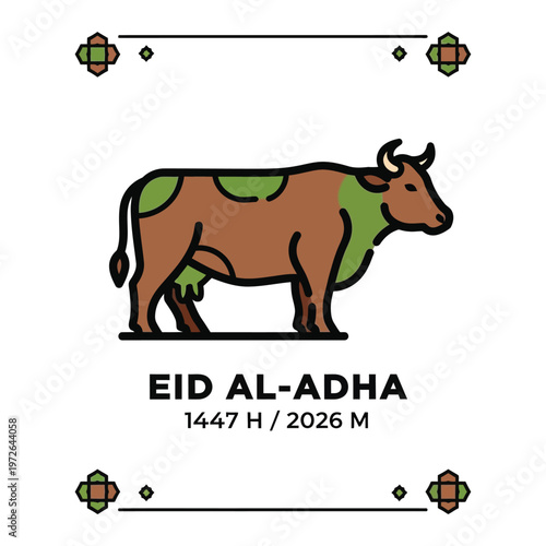 Eid Al-Adha greeting card with cow illustration and Islamic border