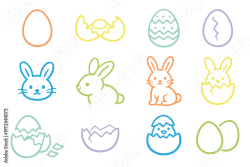 Vector Silhouette Set of Easter Symbols Bunny Rabbit Egg and Basket with Eggs. Easter Line Icon Set – Easter Egg, Cute Bunny Rabbit, Cracked Egg, Hatching Egg Thin Outline Vector Icons for Spring Holi
