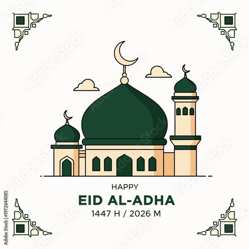 Vector illustration of a mosque with crescent moon and clouds, celebrating Eid Al-Adha with text