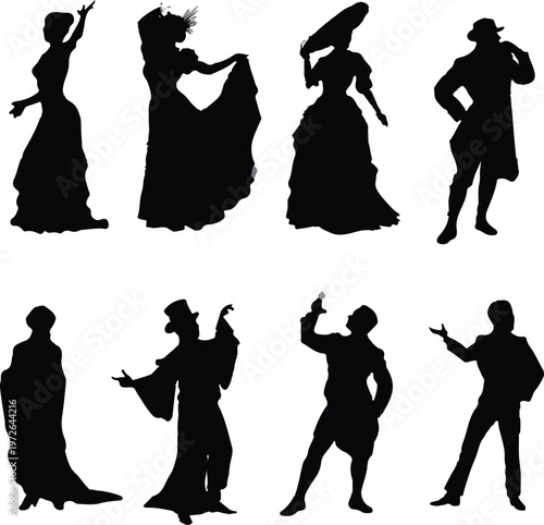 Elegant Victorian era men and women figures posed in historical outfits are displayed as black silhouettes isolated on a plain white background for creative design projects