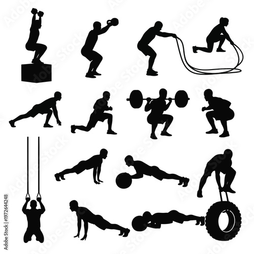 Fitness training silhouettes showing various crossfit exercises and bodyweight workout poses.