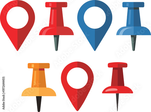Map location markers, push pin icons, red, blue, orange variations, flat design, navigation symbols, digital maps, vector illustration