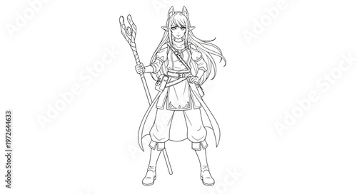 Anime Style Fantasy Mage Character Line Art Illustration