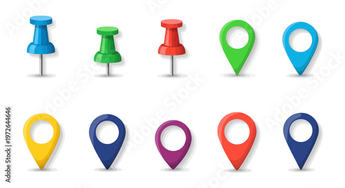 Collection of colorful map pins and thumbtacks representing location, navigation, and office supplies