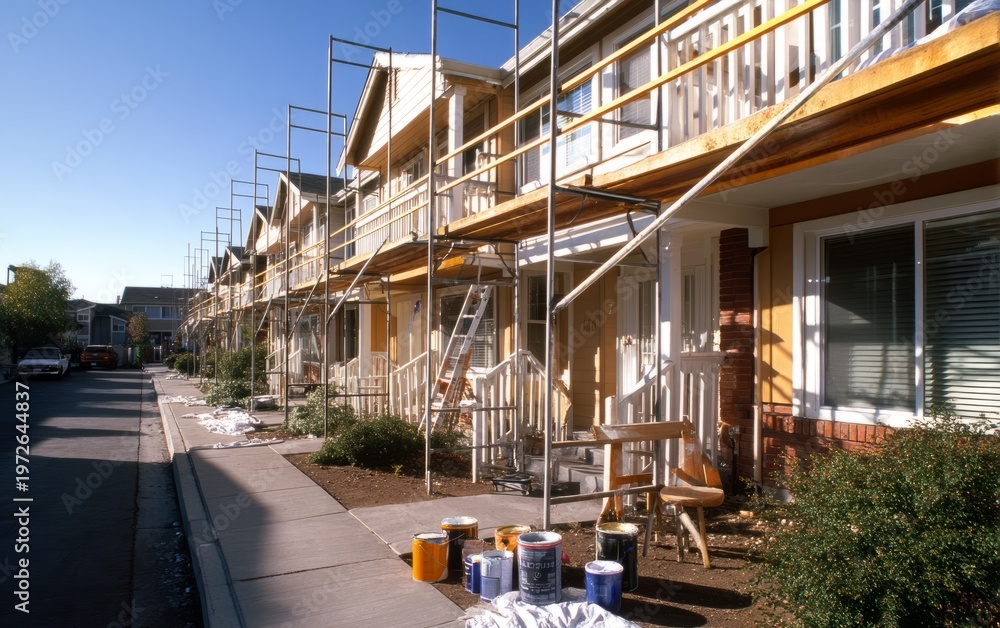 Fototapeta premium Townhouse Facade Repainting with Scaffolding and Painting Supplies Present