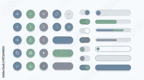 UI elements including buttons toggles and sliders in green blue and grey tones.